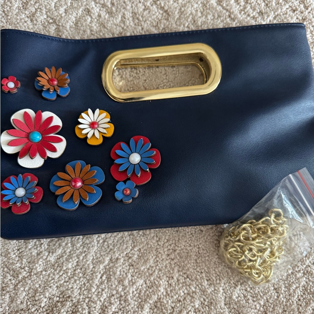 Floral Embellished Navy Clutch